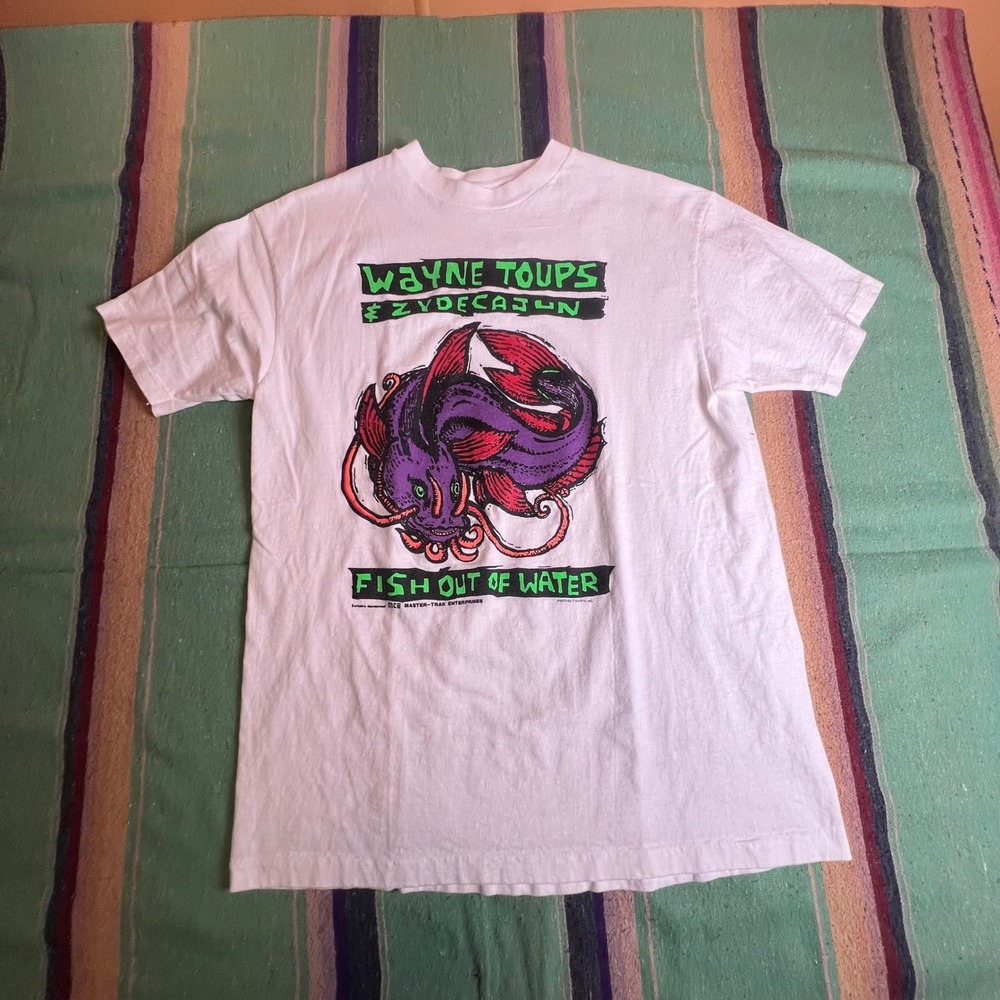 Wayne Toups Zydecajun T-Shirt Mens L White 1991 Signed Fish Out of Water